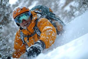 Winter Adventure Snowboarding Action Scene with Gear and Snowfall photo