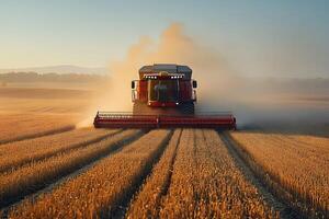 Harvesting at Sunset Combine Harvester in Wheat Field for Agricultural Productivity and Farming Design photo