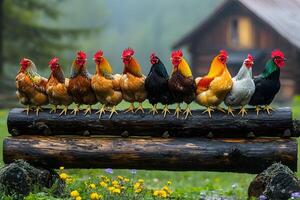 Variety of Chickens Perched on Rustic Log in Farmyard Setting photo
