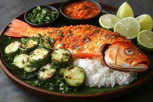 Grilled Fish with Zucchini and Rice, Served with Fresh Lemons and Spicy Salsa Perfect for Culinary Design photo