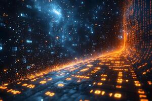 Futuristic Digital Data Stream in a Cybernetic Tunnel with Glowing Binary Code photo