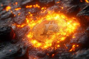 Bitcoin Symbol in Fiery Lava - Cryptocurrency and Blockchain Concept for Digital Economy photo