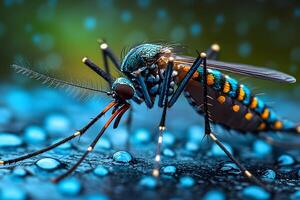 Macro Shot of Vibrant Mosquito on Water-Dappled Surface for Nature and Science Use photo