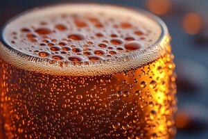 Refreshing Beverage Close-up with Bubbles and Condensation Perfect for Summer Themes and Drink Advertising photo