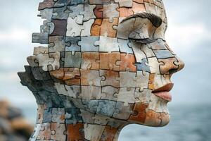 Surreal Human Puzzle Sculpture Overlooking Ocean for Conceptual Design photo