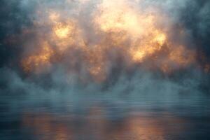 Dramatic Fiery Explosion with Smoky Reflection on Water Surface for Intense Visual Design photo
