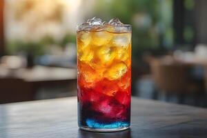 Refreshing Layered Iced Drink with Ice Cubes on Rustic Table in Sunlit Cafe photo