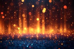 Abstract Glowing Sparks in Vibrant Orange and Blue Bokeh Background for Event Design photo