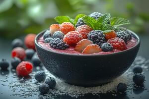 Fresh Berry Smoothie Bowl with Mint, Raspberries, Blueberries, and Blackberries for Healthy Breakfast photo