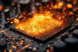 Close-Up of Overheating Computer Processor with Sparks for Technology and Engineering Designs photo
