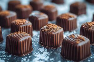 Artisanal Chocolate Truffles with Cocoa Dust on Textured Surface for Gourmet Dessert Display photo