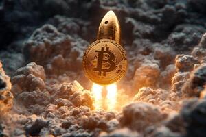 Bitcoin Rocket Launching through Cloudy Skies - Cryptocurrency Growth and Innovation Concept photo