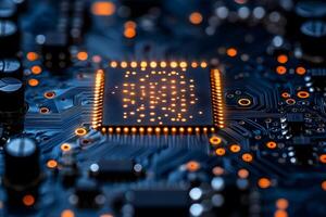 Close-Up of a Glowing Microchip on a Circuit Board for Technology Design and Innovation photo