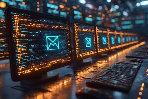 Digital Communication Network with Email Symbol on Computer Screens for Technology Concepts photo