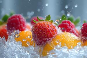 Refreshing Splash of Summer Fruits Strawberries, Raspberries, and Oranges in Water photo