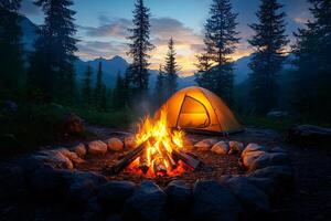 Cozy Camping Experience Campfire and Tent in Mountainous Forest Setting at Sunset photo