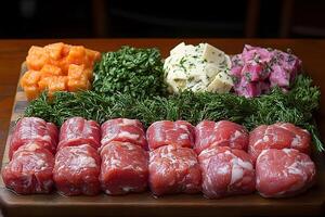 Fresh Raw Meat Rolls with Assorted Vegetables and Herbs for Culinary Preparation photo