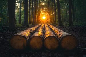 Sunlit Forest Tranquility Logs in a Serene Woodland Setting at Sunrise photo