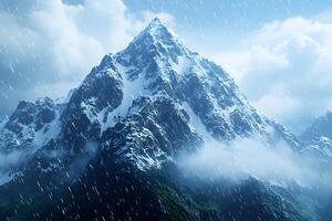 Majestic Snow-Capped Mountain Peak in Rainy Weather for Nature Photography and Poster Design photo