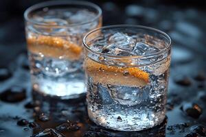 Refreshing Cold Drinks with Lemon Wedges on Wet Surface for Beverage and Bar Concepts photo