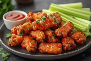 Spicy Buffalo Chicken Wings with Celery Sticks and Dipping Sauce for Game Day Snacks photo