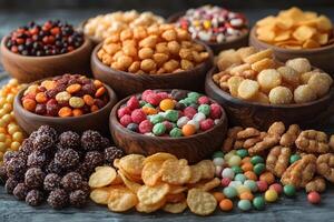 Assorted Snacks and Candies in Wooden Bowls for Festive Celebration photo