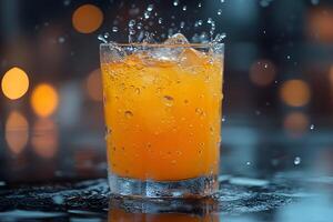 Refreshing Orange Cocktail Splash with Ice on a Reflective Surface for Beverage Advertising photo