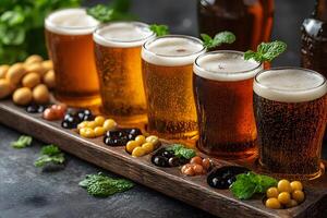 Craft Beer Flight with Snacks and Fresh Mint Leaves for Tasting Experience photo