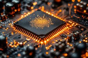 High-Tech Circuit Board with Glowing Microchip for Technology Design photo
