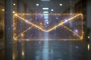 Futuristic Digital Email Symbol with Glowing Particles in Modern Office Setting photo