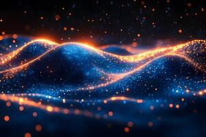Abstract 3D Render of Glowing Neon Particles on Dynamic Wave Surfaces for Digital Art photo