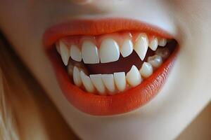 Vampire-Inspired Open Mouth with Sharp Fangs and Bold Red Lipstick photo