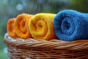 Colorful Rolled Towels in a Wicker Basket with Raindrops - Vibrant Home Decor Inspiration photo