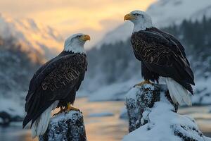 Majestic Winter Scene with Two Bald Eagles Perched on Snow-Covered Rocks at Sunset photo