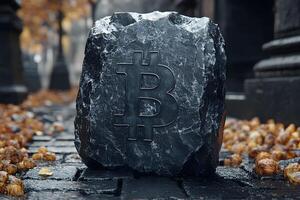 Bitcoin Symbol on Stone Block in Autumn Urban Setting - Cryptocurrency Concept for Finance Design photo