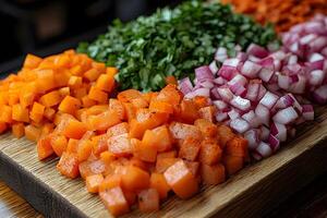 Freshly Chopped Vegetables Including Carrots, Red Onions, and Parsley for Cooking Preparation photo
