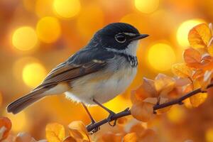 Autumn Wildlife Scene with a Bird on a Branch in Vibrant Bokeh Background photo