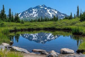 Tranquil Mountain Landscape with Snow-Capped Peak Reflection for Nature and Travel Photography photo