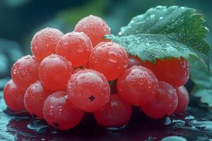 Fresh Red Currants with Dew on Leaf - Nature's Vibrant Harvest, Perfect for Culinary and Design Projects photo