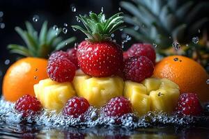 Fresh Tropical Fruit Splash with Strawberries and Pineapples for Vibrant Summer Refreshment photo