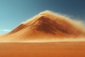 Majestic Sand Dune with Windswept Sand Under Clear Blue Sky for Desert Adventure Themes photo
