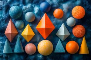 Geometric Shapes in Vibrant Colors on Textured Blue Surface for Design Inspiration photo