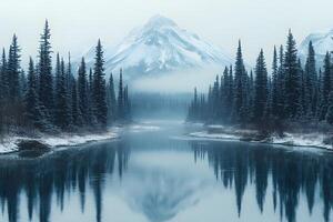 Serene Winter Landscape with Snowy Mountains and Reflection for Tranquility-Themed Designs photo