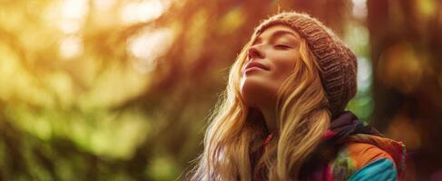 The young woman enjoying the tranquility of nature in a sunlit forest. photo