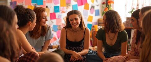 The joyful gathering of friends sharing stories and laughter in a colorful room. photo