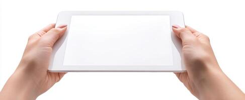 The hands holding a blank tablet ready for your digital content. photo