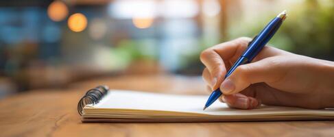 The hand writing notes in a notebook with a blue pen on a wooden table. photo