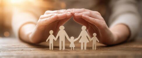 The hands providing protection and support to a loving family. photo