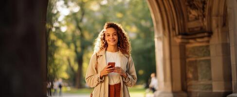 The woman enjoying a sunny day while using her smartphone in a park. photo