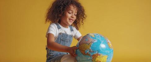The child joyfully exploring the globe with curiosity and excitement. photo